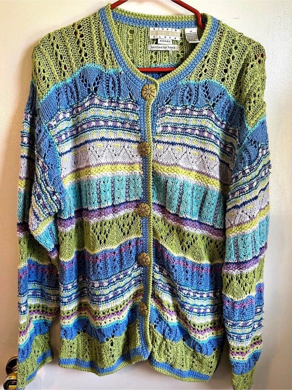 Vintage Sigrid Sport Olsen Color Block Knit Cardigan in Blue & Green XL